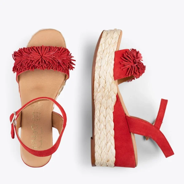 MiMaO ShopOnline FLOWER – Sandales Avec Compensé En Raphia Et Pompon ROUGE 3