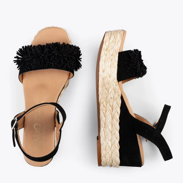 MiMaO ShopOnline FLOWER – Sandales Avec Compensé En Raphia Et Pompon NOIR 3