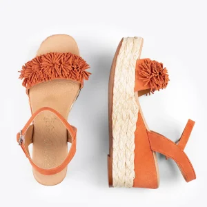 MiMaO ShopOnline FLOWER – Sandales Avec Compensé En Raphia Et Pompon ORANGE 10