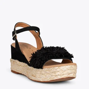 MiMaO ShopOnline FLOWER – Sandales Avec Compensé En Raphia Et Pompon NOIR 14