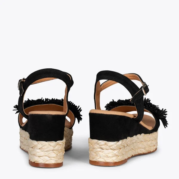 MiMaO ShopOnline FLOWER – Sandales Avec Compensé En Raphia Et Pompon NOIR 4