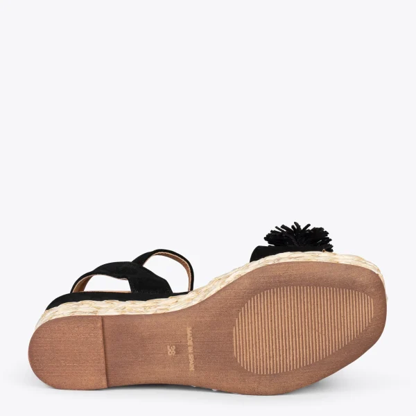 MiMaO ShopOnline FLOWER – Sandales Avec Compensé En Raphia Et Pompon NOIR 6