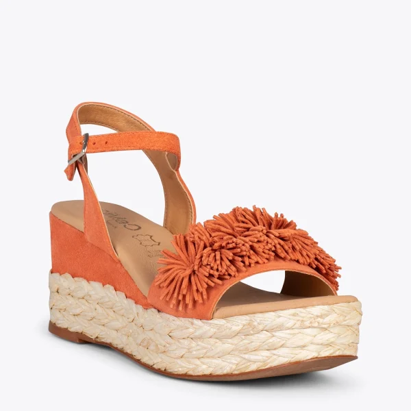 MiMaO ShopOnline FLOWER – Sandales Avec Compensé En Raphia Et Pompon ORANGE 5