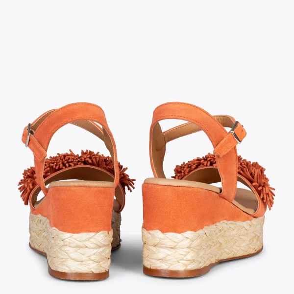 MiMaO ShopOnline FLOWER – Sandales Avec Compensé En Raphia Et Pompon ORANGE 4