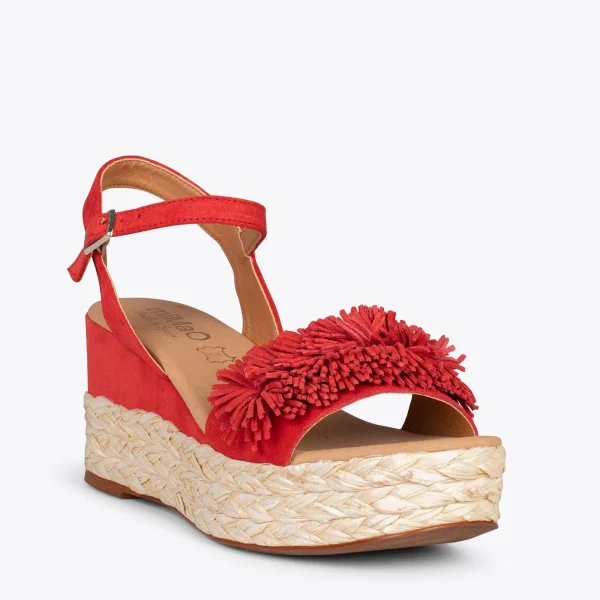 MiMaO ShopOnline FLOWER – Sandales Avec Compensé En Raphia Et Pompon ROUGE 5