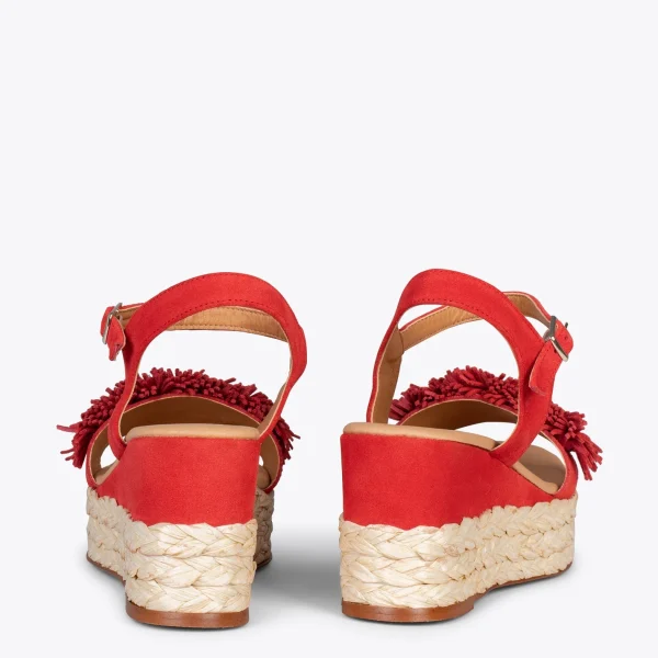 MiMaO ShopOnline FLOWER – Sandales Avec Compensé En Raphia Et Pompon ROUGE 4