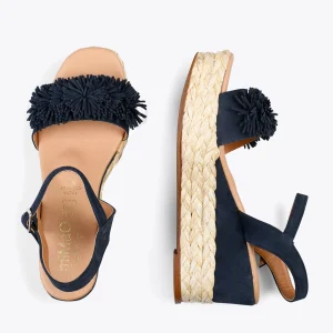 MiMaO ShopOnline FLOWER – Sandales Avec Compensé En Raphia Et Pompon BLEU MARINE 10