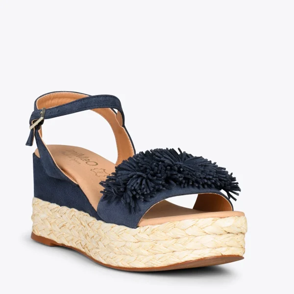 MiMaO ShopOnline FLOWER – Sandales Avec Compensé En Raphia Et Pompon BLEU MARINE 5