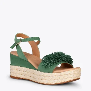 MiMaO ShopOnline FLOWER – Sandales Avec Compensé En Raphia Et Pompon VERT 14