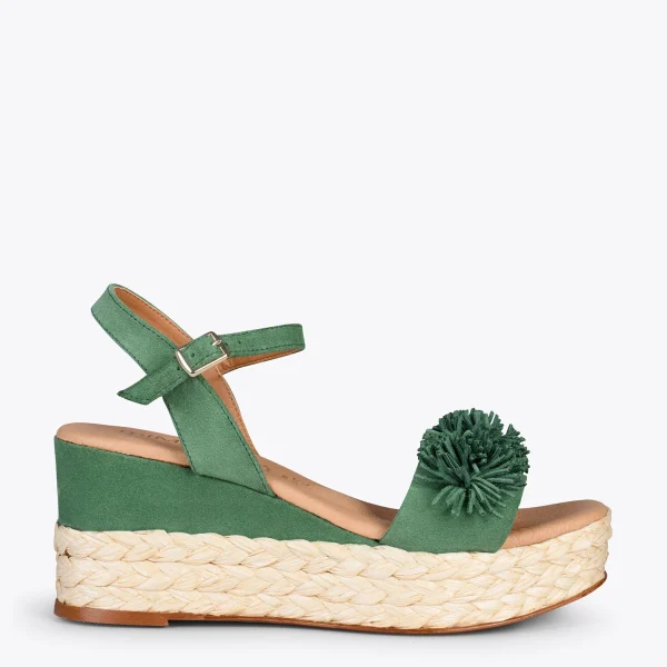 MiMaO ShopOnline FLOWER – Sandales Avec Compensé En Raphia Et Pompon VERT 1