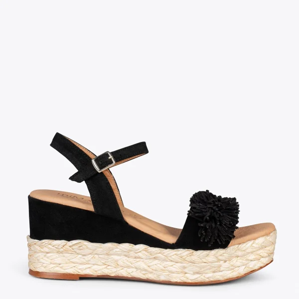MiMaO ShopOnline FLOWER – Sandales Avec Compensé En Raphia Et Pompon NOIR 1