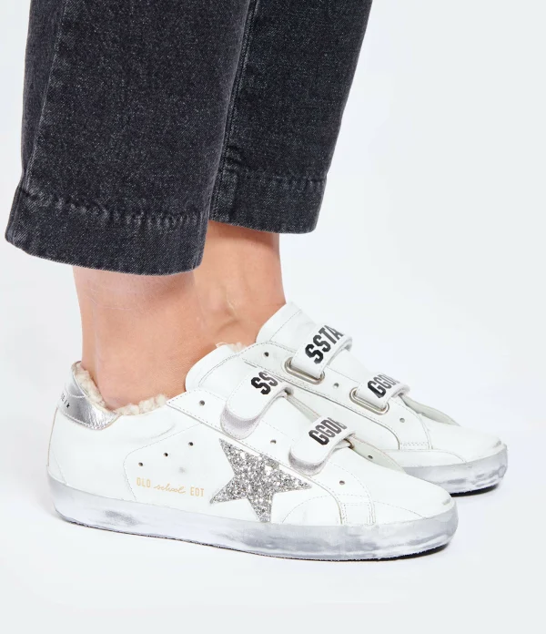 GOLDEN GOOSE Baskets Old School Mouton Cuir Blanc Glitter 6
