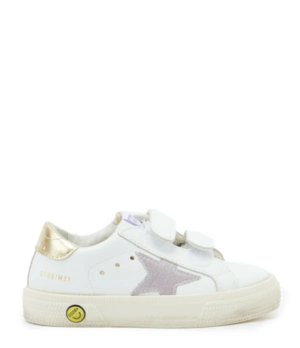 GOLDEN GOOSE Baskets Bébé May School Cuir Blanc Rose Doré 1