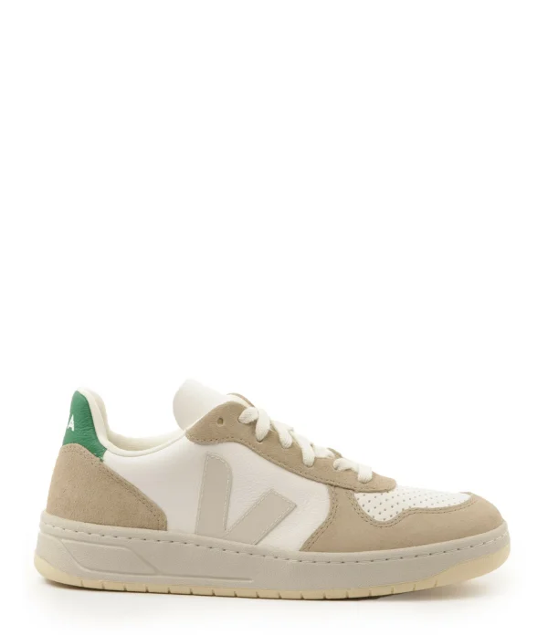 VEJA Baskets V-10 Chromefree Cuir White Sahara Émeraude 1