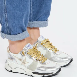 GOLDEN GOOSE Baskets Running Sole Cuir Argenté Gris, Exclusivité Lulli 23