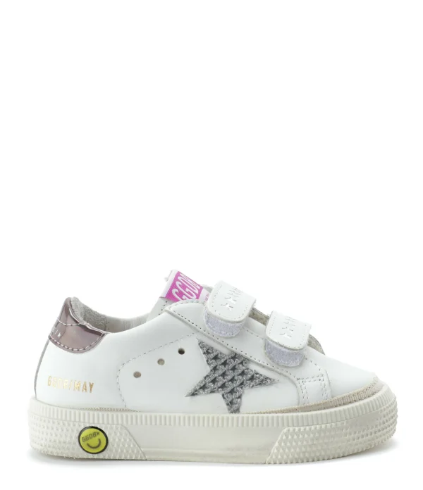 GOLDEN GOOSE Baskets Enfant May School Cuir Blanc Argenté Gris 1