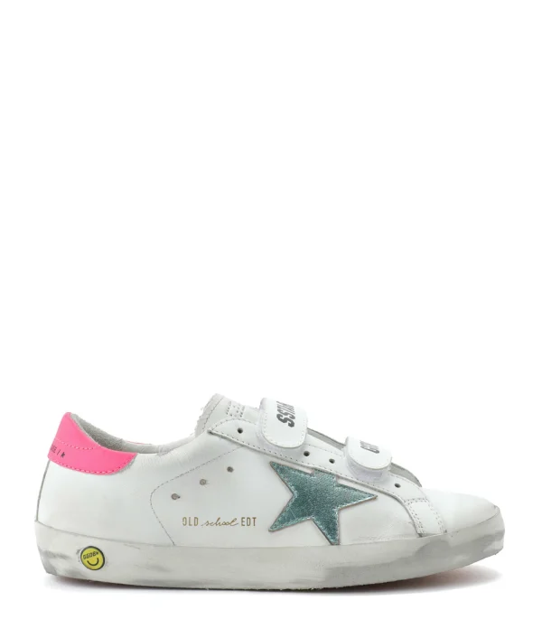 GOLDEN GOOSE Baskets Enfant Old School Cuir Blanc Menthe Rose Fluo 1