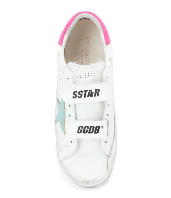 GOLDEN GOOSE Baskets Enfant Old School Cuir Blanc Menthe Rose Fluo 3