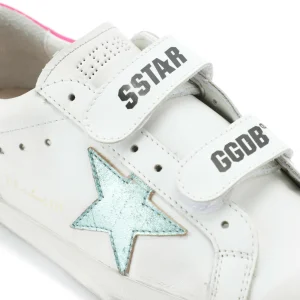 GOLDEN GOOSE Baskets Enfant Old School Cuir Blanc Menthe Rose Fluo 12