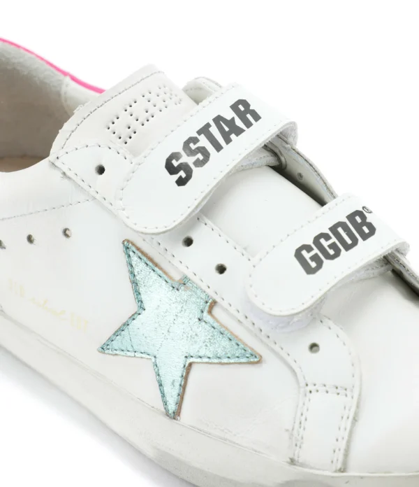GOLDEN GOOSE Baskets Enfant Old School Cuir Blanc Menthe Rose Fluo 5