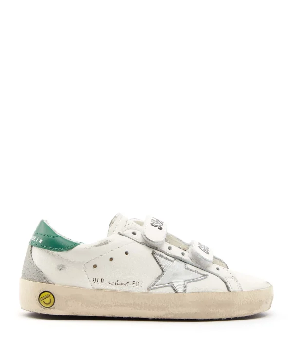 GOLDEN GOOSE Baskets Enfant Old School Cuir Blanc Argenté Vert 1